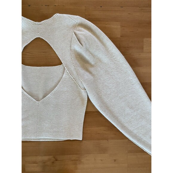 Free People "Saffron" Sweater Size  Small Ivory Puff Sleeve‎ Open Cut Out Back - Picture 8 of 10
